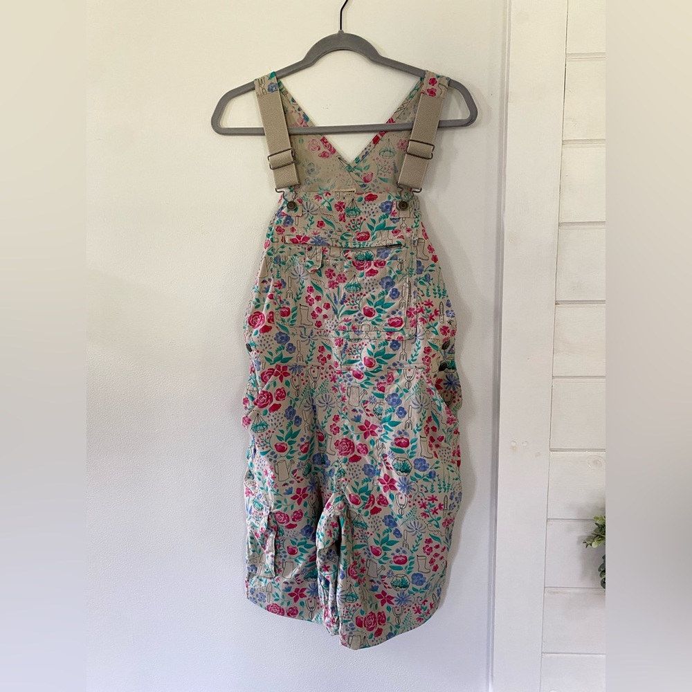 Duluth Trading Tan Multicolored Floral Gardening Print Short Overalls